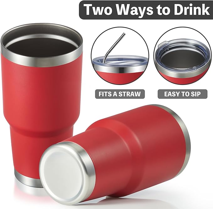 MEWAY 30oz Insulated Tumbler With Lids and Straws,Stainless Steel Double Vacuum Coffee Tumbler Cup, Brush, Durable Powder Coated Coffee Cup for Cold & Hot Drinks, Office, Travel(Coral red,4 PACK)