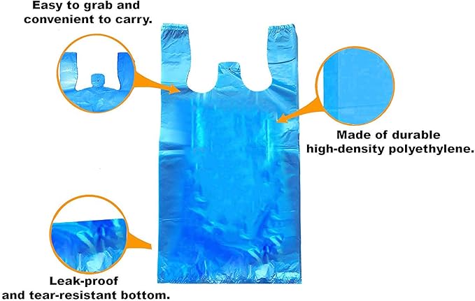 Blue T-Shirt Bags, 20 x 10 x 36 Inches. Pack of 300 Plastic Merchandise Bags, 20 Micron. Unprinted Grocery Bags with Handles. High Density Polyethylene Shopping Bags for Small Business