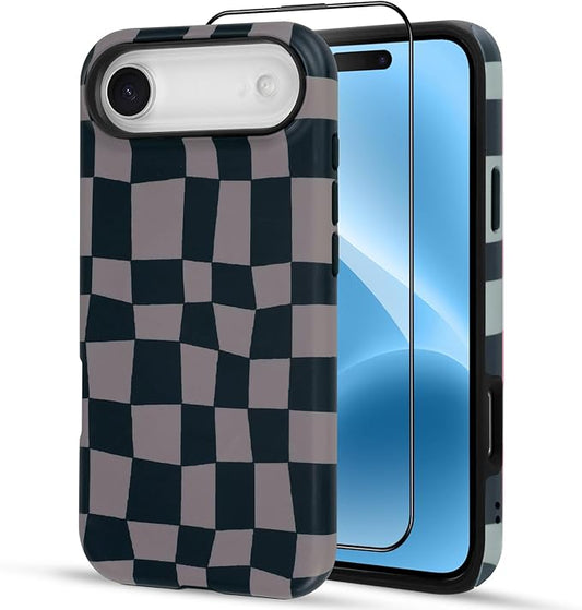 SOKAD Magnetic Checkered Phone Case for iPhone Air, Cute Grids Plaid Checkerboard Pattern Compatible with Magsafe Matte Protective Case Cover with Screen Protector for Girls Women, Black & Brown