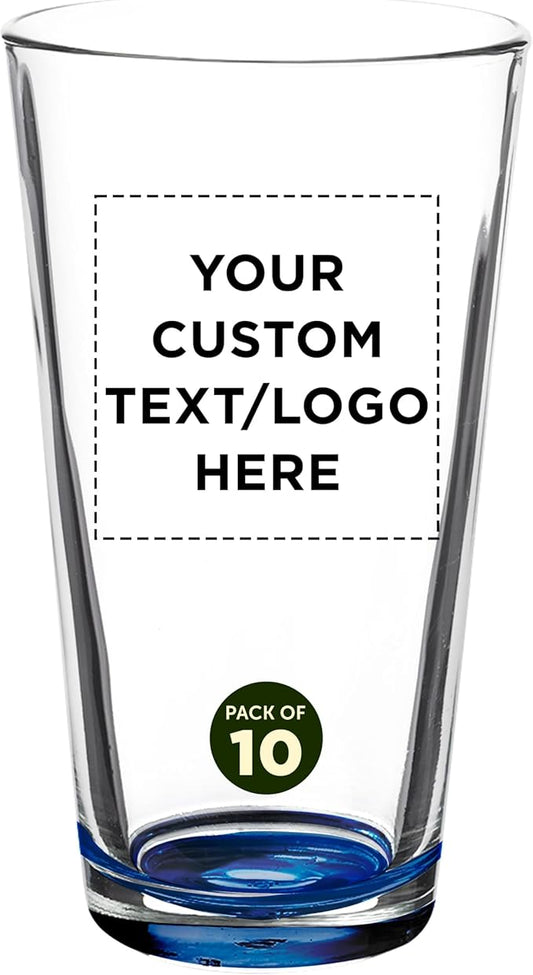Custom Casale Pint Glass 16 oz. Set of 10, Personalized Bulk Pack - Beer Glasses, Heavy Duty Drinkware - Blue
