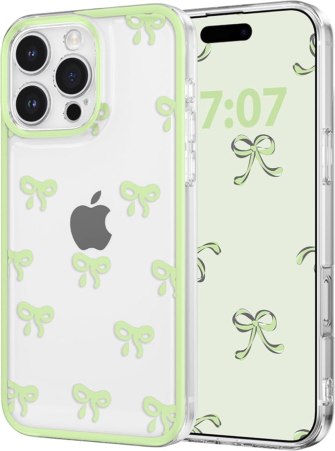 EYZUTAK Case for iPhone 16 Pro Max, Clear Cute Ribbon Bowknot Pattern Aesthetic Transparent Phone Case Raised Camera Protection Stylish Slim Soft Durable TPU Protective Cover for Women Girls - Green