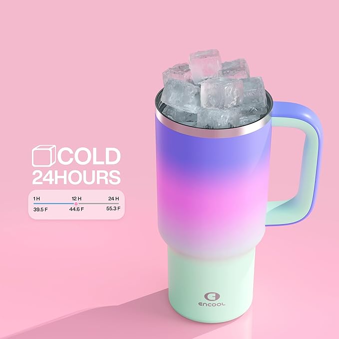 32 oz Tumbler with Handle and Straw: Stainless Steel Insulated Tumbler Keeps Cold for 24 Hours, Leakproof Travel Cup Fits in Cup Holder and BPA-Free, Frosted Lilac