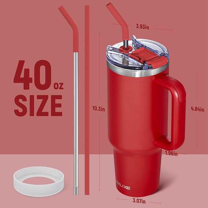 40 oz Tumbler with Handle and Straw Lid,Insulated Reusable Stainless Steel Water Bottle Travel Mug，Cupholder Friendly Double Wall Vacuum Sealed Cup (Cherry Red)