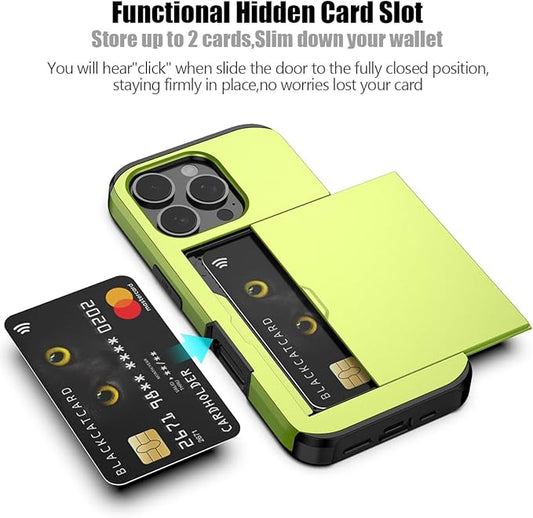 Nvollnoe Compatible with iPhone 16 Pro Case with Card Holder Dual Layer Heavy Duty Protective Shockproof Hidden Card Slot Slim Wallet Phone Cover for iPhone 16 Pro for Women&Men(Fluorescent Green)
