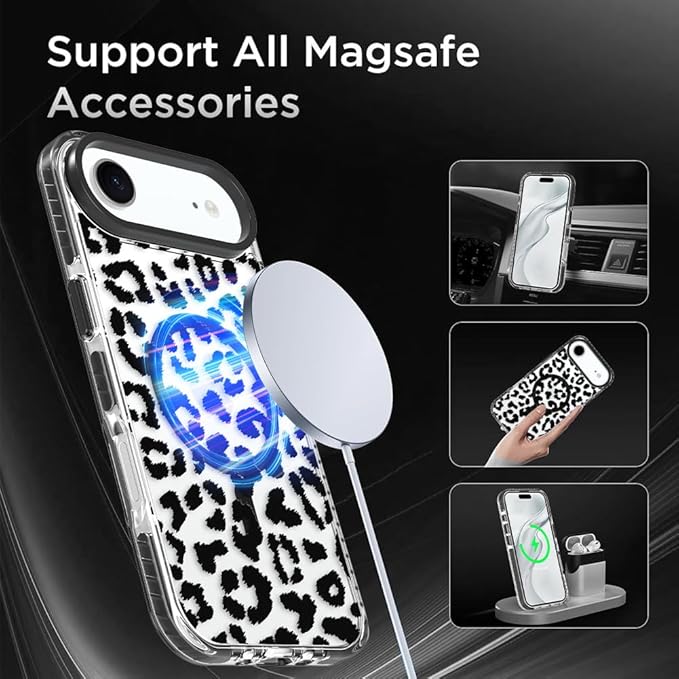 SAKUULO Magnetic for iPhone Air Case with Screen Protector [Compatible with MagSafe] Black Leopard Print Pattern Wireless Charge Strengthen Protection Cover Black Leopard (6.7")