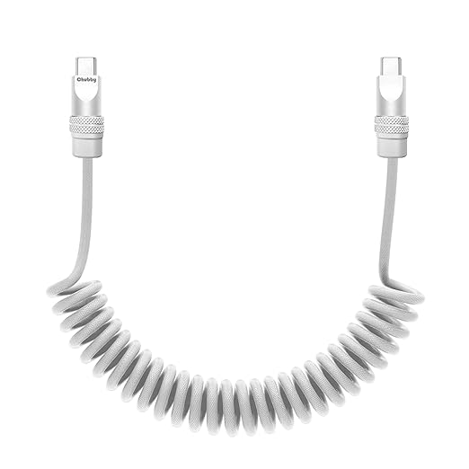 chubbycable Curly Chubby Retractable Fast Charging Cable 240W Coiled Charger Cord for Car Durable USB C Cable Compatible with iPhone 16/15 Series, White, Type-C to Type-C, 1.3FT-2.3FT