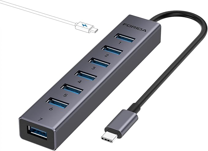 FORIDA USB C to USB Hub, 8 Ports USB 3.0 Adapter with 7 USB 3.0 Data Ports,USB Splitter with USB C 5V/3A Power Port, 9.8N/25CM Main Cable for Laptop PC and More (Dark Gray, 9.8 in)