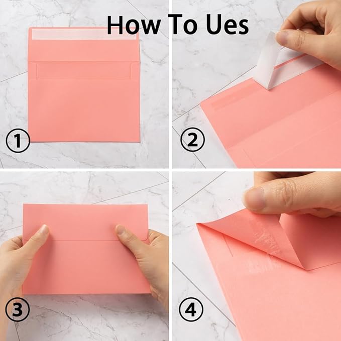 Wishop 50 Pack Pink 5x7 Self-Adhesive Envelopes with Fold Cards 5 Colors for Wedding Invitations and Greeting Cards (Pink 5 Colors, 5x7)