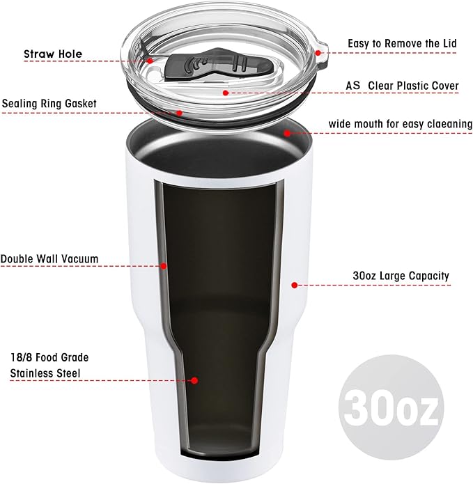 COMOOO 30oz White Tumbler Stainless Steel Insulated Tumbler with Lid Double Wall Vacuum Coffee Cup Large Travel Mug for Hot and Cold Drinks, Home, Office, School,Party (White, 1 Pack)