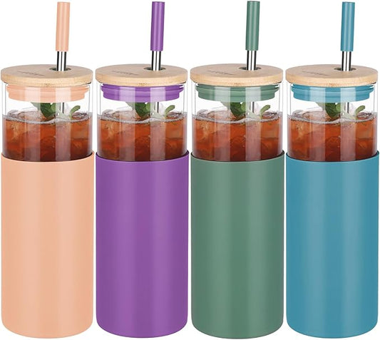 Glass Tumbler w/Lids & Straw:24oz Reusable Mug w/Bamboo Lid & Stainless Steel Straw-BPA-Free, Leak-Proof,Dishwasher Safe for Coffee,Smoothies, Hot Beverages, Travel, Office, Home Use,4-PK