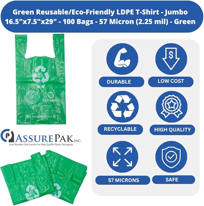 Green Reusable/Eco-Friendly LDPE T-Shirt - 16.5"x7.5"x29" - 180 Bags - 57 Micron (2.25 mil) - Green - GRNLD40REC225REU1729 - AssurePak