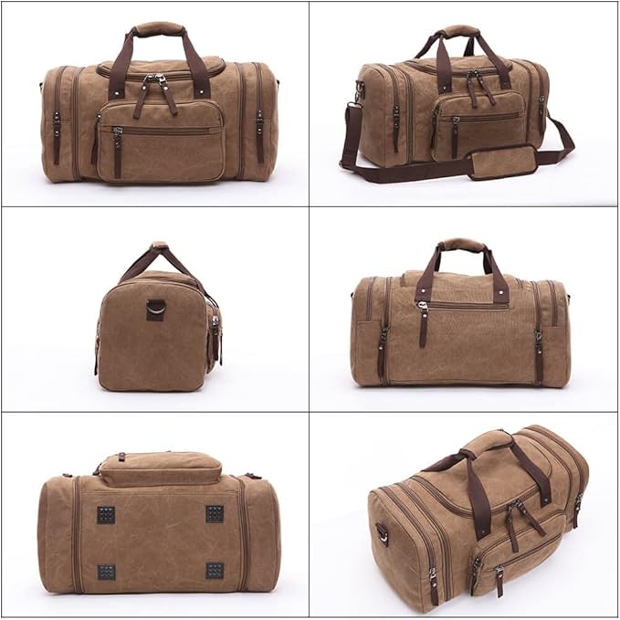 Duffle Bag for Travel, Large Canvas Duffel Bag for Travelling Overnight Weekender Bag Carry On Bag for Men Women Coffee