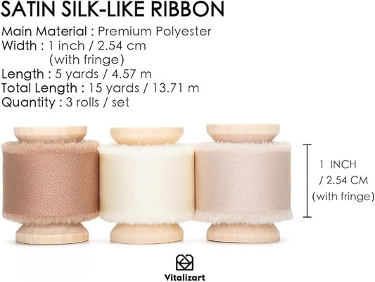 Vitalizart Silk Satin Ribbon 1 Inch x 15 Yard Wooden Spool Champagne & Nude Handmade Frayed Ribbon for Gift Wrapping Baby Shower Wedding Bridal Bouquets Holiday Decor Light Brown
