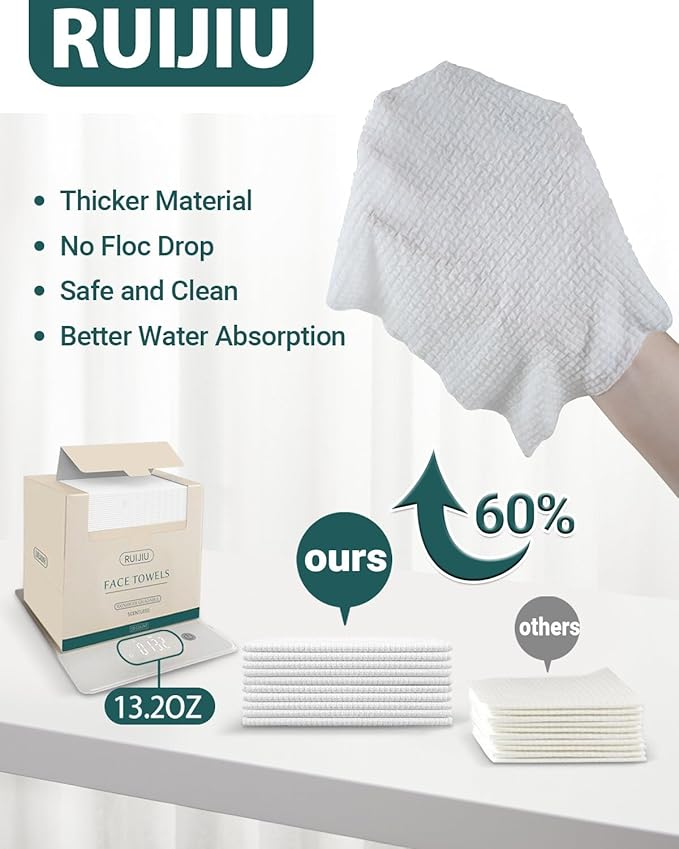 100 Count 2 PACK, Disposable Face Towel, Large Size 10"X 12", Disposable Face Cloths, 100% Biodegradable Towel, Skin Soft and Thick for Washing