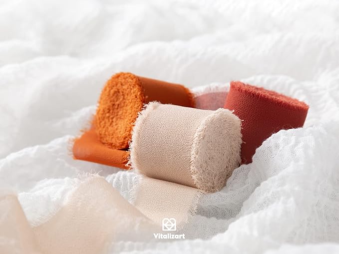 Vitalizart Fall Handmade Chiffon Silk Ribbon Fringe 1.5" x 21 Yd Terracotta Frayed Edges Ribbons for Wedding Invitations Bridal Bouquets Gifts Wrapping Crafts Holiday Party Decorations
