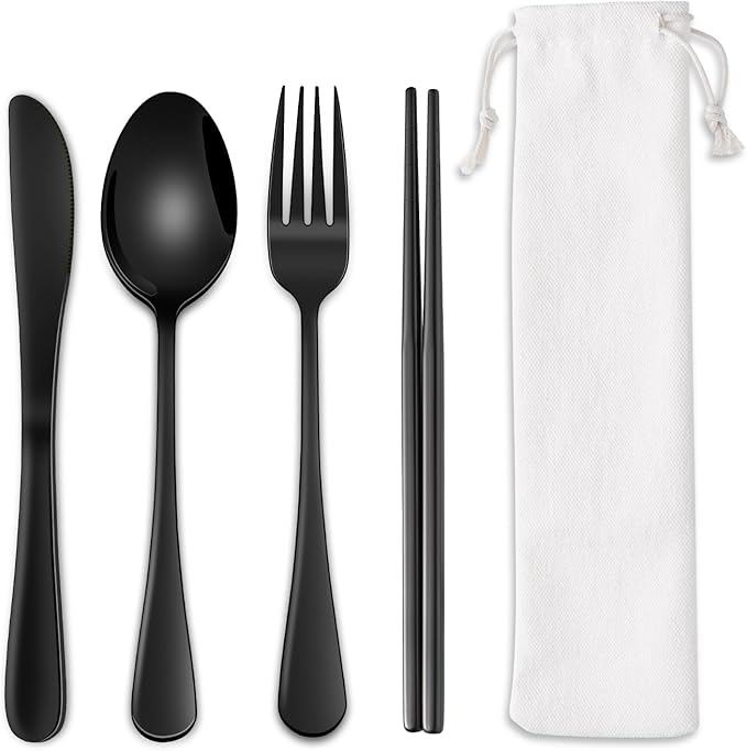 Travel Utensils Set With Case,Black Stainless Steel Silverware Set To Go For Work Lunch Box Includes Knife Spoon Fork Chopsticks,Camping Picnic Cutlery Essentials