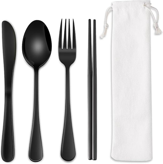 Travel Utensils Set With Case,Black Stainless Steel Silverware Set To Go For Work Lunch Box Includes Knife Spoon Fork Chopsticks,Camping Picnic Cutlery Essentials