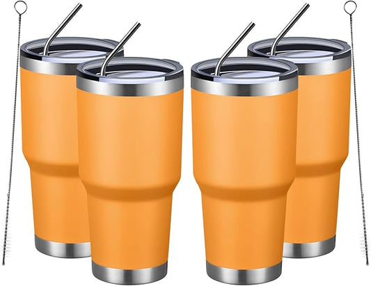 MEWAY 30oz Insulated Tumbler With Lids and Straws,Stainless Steel Double Vacuum Coffee Tumbler Cup, Brush, Durable Powder Coated Coffee Cup for Cold & Hot Drinks, Office, Travel(Orange,4 PACK)