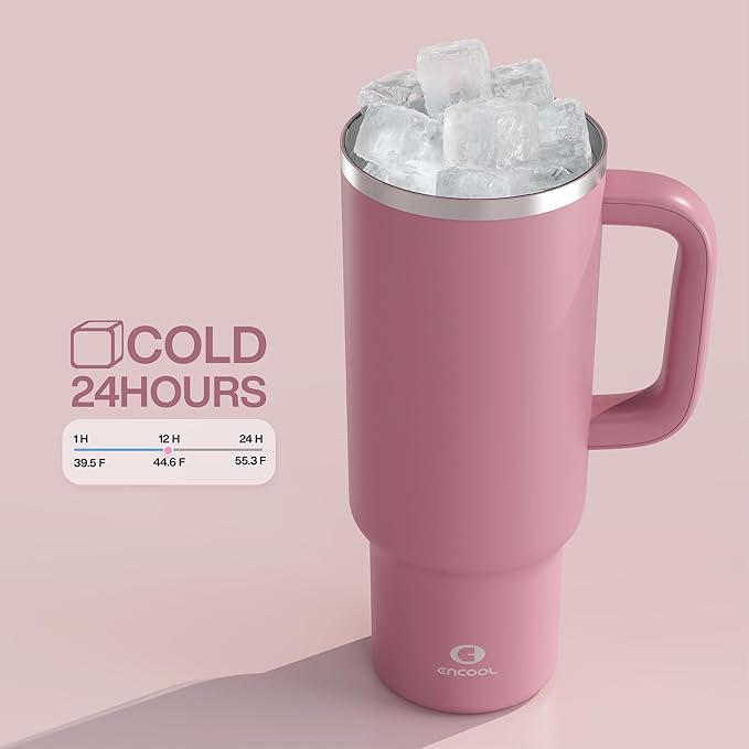 40 oz Tumbler with Handle and Straw: Stainless Steel Insulated Tumbler Keeps Cold for 24 Hours, Leakproof Travel Cup Fits in Cup Holder and BPA-Free, Turkish Rose