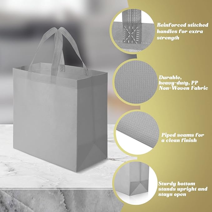 Reginary Reusable Totes Bags - 100 Pcs Non Woven Grocery Handle Bags for Shop Events & Retail Store(Gray)