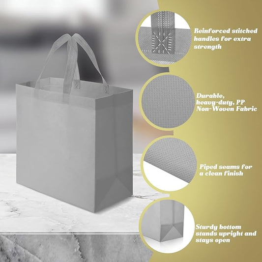 Reginary Reusable Totes Bags - 100 Pcs Non Woven Grocery Handle Bags for Shop Events & Retail Store(Gray)