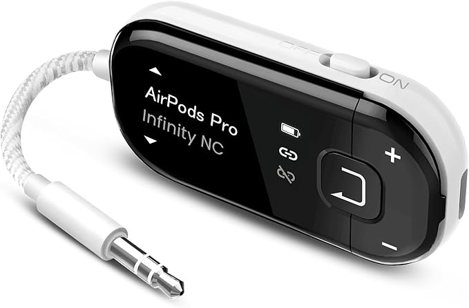 Avantree Voyager - Airplane Bluetooth Adapter for Headphones & AirPods, Bluetooth 5.4 with Latest Auracast & OLED Display, Qualcomm Chip, aptX Adaptive, Wireless Audio Transmitter for Travel & Flight