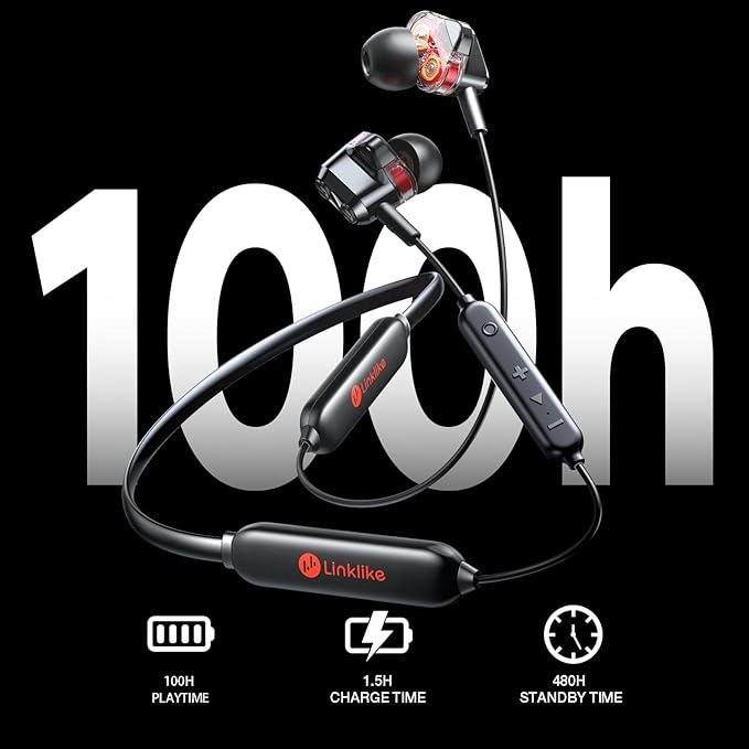 LINKLIKE Neckband Bluetooth Earbuds 100H Playtime with 4 Drivers Enhanced Bass,V5.2 Wireless Earbuds, IPX7 Waterproof,Comfort Fit Neckband Headphones for Sports, Gym Running Workout Business Travel