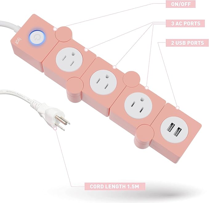 iJoy Flexible Power Strip - 3 AC Outlets and 2 USB Charging Ports with Pink Extension Cord, Power Strips with Surge Protection, Decorative Surge Protector Outlet Extender for Home, Office, and More