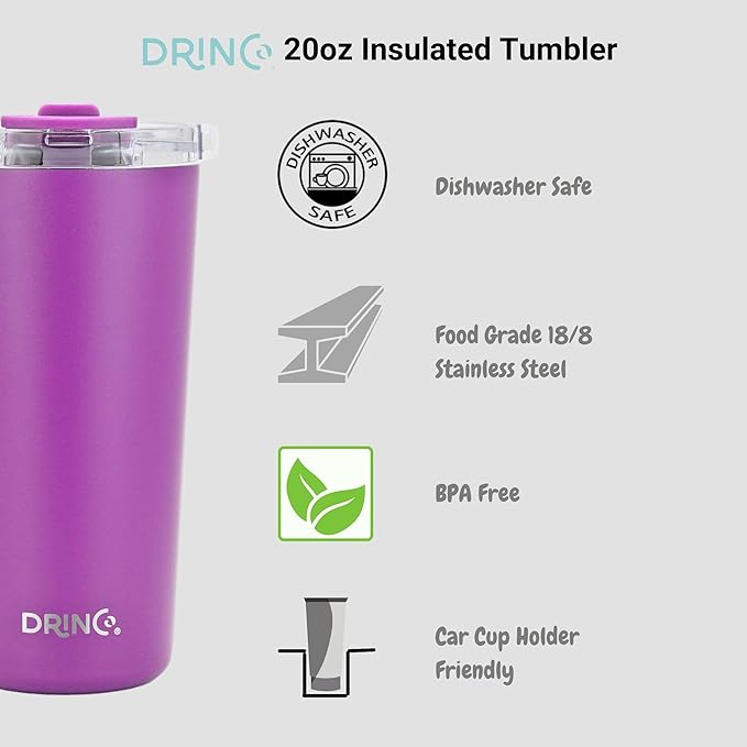 Drinco - 20 oz Stainless Steel Tumbler | Double Walled Vacuum Insulated Mug With Lid, 2 Straws, For Hot & Cold Drinks (20oz Deep Purple, 20oz)