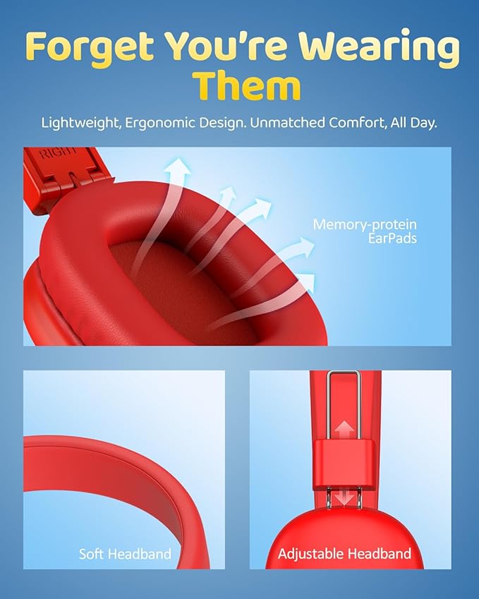 Kids Bluetooth Headphones, Over-Ear Wireless Headphones with Microphone, Safe-Volume 85dBA, Bluetooth 5.4, Foldable Lightweight and Comfortable, 50H Playtime, USB-C Charging, Red