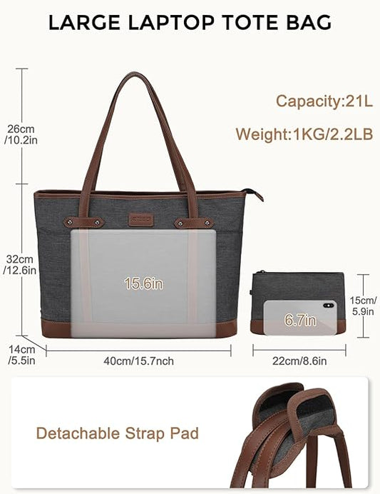 RAVUO Laptop Tote Bag for Women, Water Resistant 15.6 Inch Computer Handbag Purse Teacher Bag With Portable Small Pouch