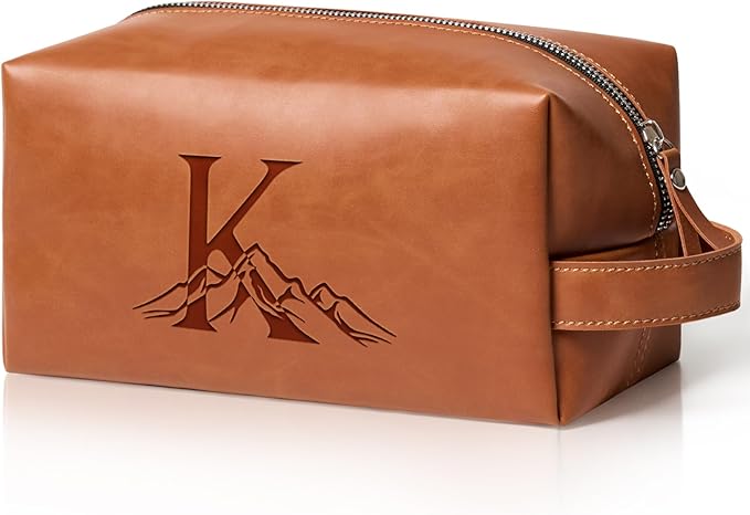 Personalized Gifts Travel Toiletry Bag for Men Engraved Initial PU Leather Waterproof Shaving Bag for Toiletries Accessories Fathers Day Birthday Gift for Men Dad Husband Son, Light Brown K