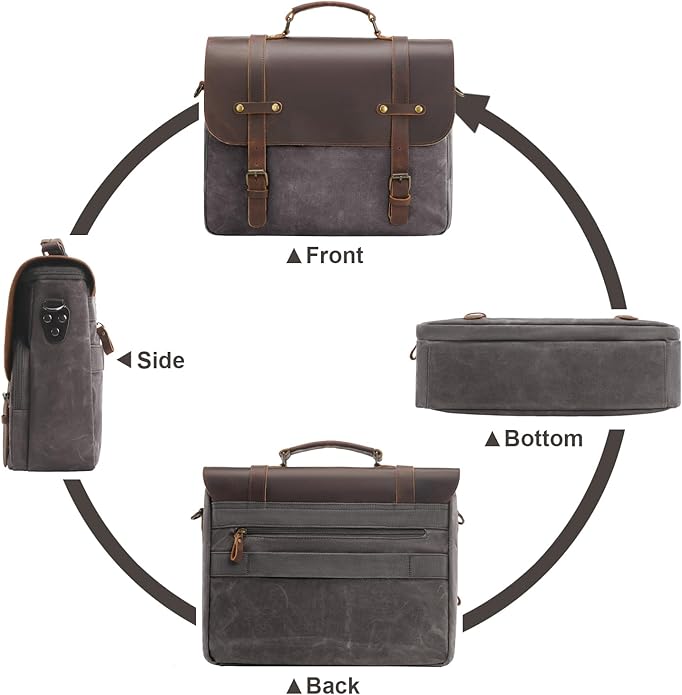 Mens Messenger Bag Waxed Canvas Laptop Briefcase 15.6“ Vintage Genuine Leather Crossbody Bags Waterproof Satchel Shoulder Bag