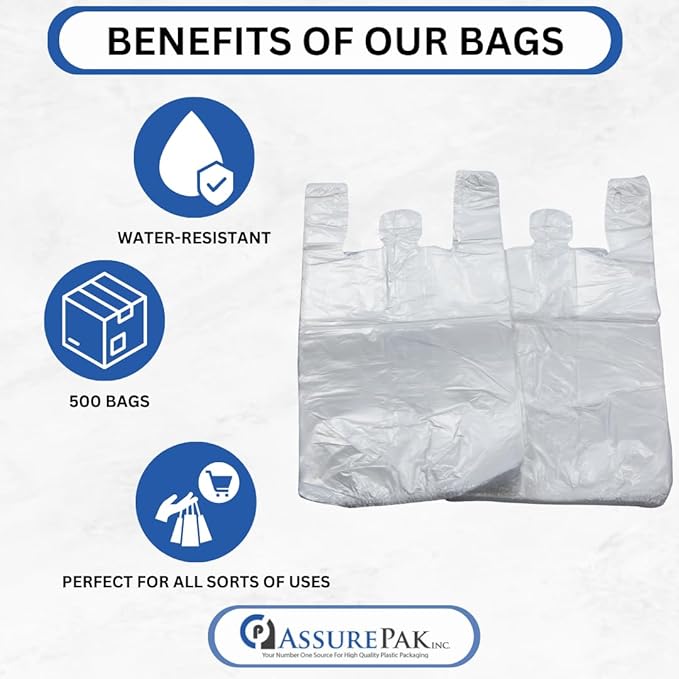 Easy Open - Stock T-Shirt Plastic Bag - Clear - 13"x10"x23" with handles – 500 Units – 14 Microns - 1/5 BBL – Perfect for Grocery Shopping and Store Purchases