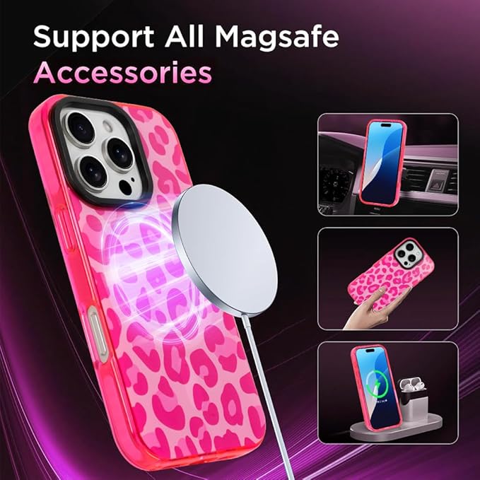 SAKUULO Magnetic for iPhone 16 Pro Max Case Hot Pink Leopard Print Pattern [Compatible with MagSafe] [with Screen Protector] Wireless Charge Strengthen Protection Cover, Hot Pink Leopard (6.9")