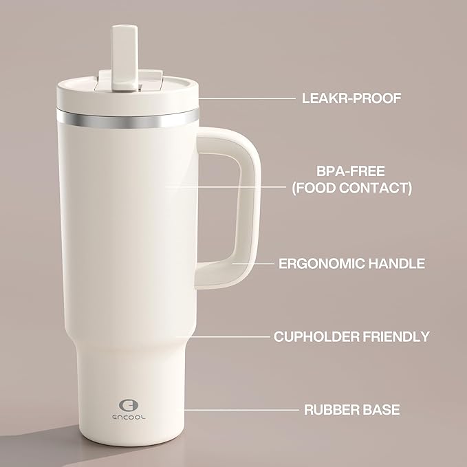 40 oz Tumbler with Handle and Straw: Stainless Steel Insulated Tumbler Keeps Cold for 24 Hours, Leakproof Travel Cup Fits in Cup Holder and BPA-Free, Cream Moon