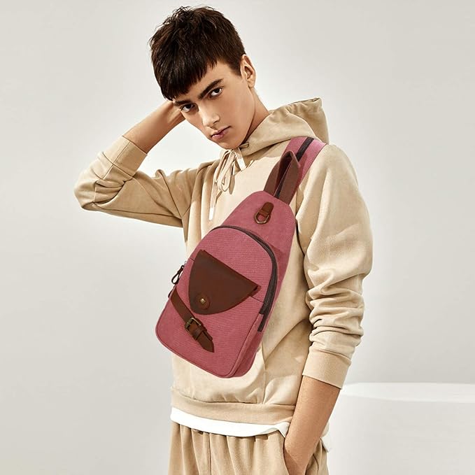 KL928 Canvas Sling Bag Crossbody Backpack Shoulder Casual Rucksack for Men Women,Rust Red