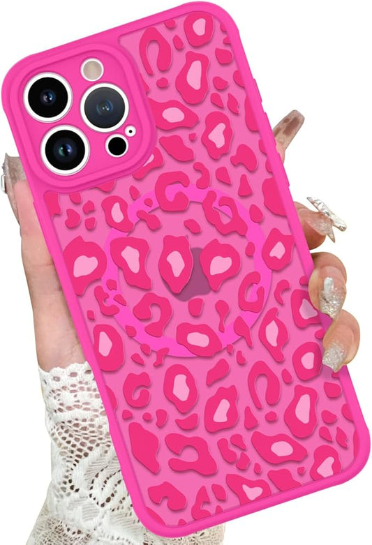 KANGHAR Case for iPhone 16 Pro Hot Pink Leopard Printed Pattern Cute Cheetah [Compatible with Magsafe] Protective Magnetic Case for Girls Women 6.3"