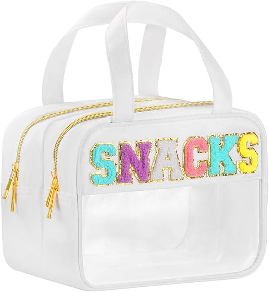 Chenille Letter Clear Makeup Bags Snacks Bag for Travel, Preppy Patch Nylon Cosmetic Pouch with Handles and Zipper, Waterproof Large Clear Travel Toiletry Purse Storage for Women White