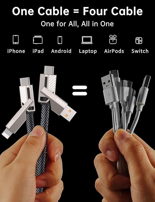 [One is Enough] 4-in-1 Compatible with USB C to Lightning Cable, 60W High-Speed Charging & Fast Data Transfer,CarPlay & Android Auto Support Multi Charger Cord Combo for iPhone/Samsung/iPad,5FT