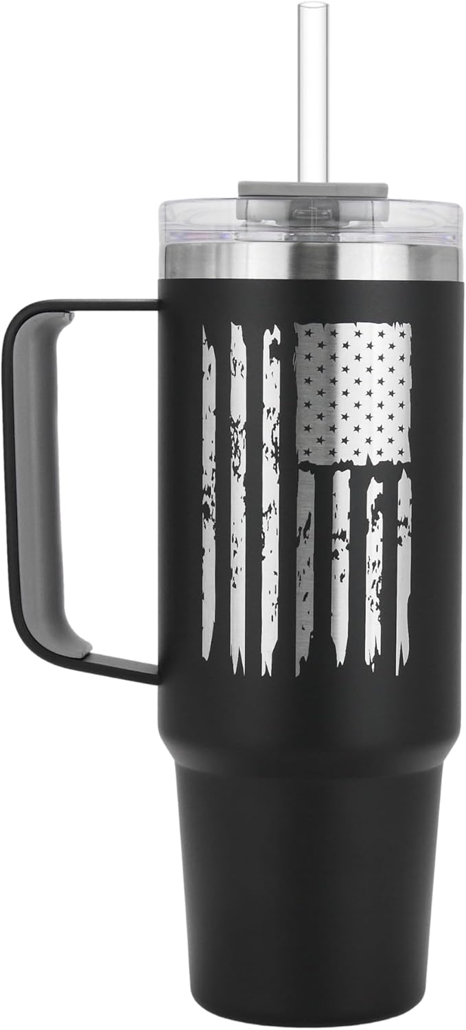Drinco 40oz 30 oz Tumbler with Handle, Straw Lid, Insulated Stainless Steel Travel Mug Water Bottle Ice Coffee Cup For Cold and Hot, BigSur (Black-USA Flag, 30oz)