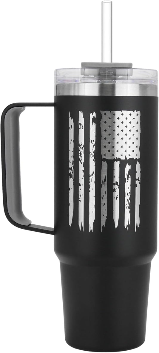 Drinco 40oz 30 oz Tumbler with Handle, Straw Lid, Insulated Stainless Steel Travel Mug Water Bottle Ice Coffee Cup For Cold and Hot, BigSur (Black-USA Flag, 30oz)