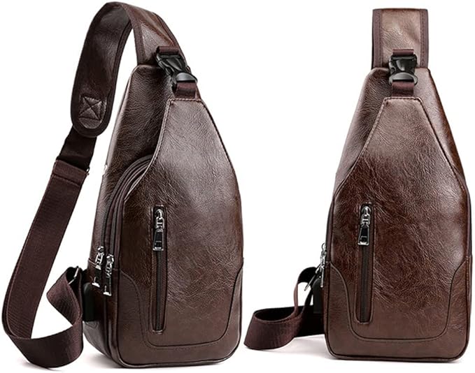 Peicees Leather Sling Bag Mens Crossbody Bag Chest Bag Sling Backpack for Men with USB Charge Port