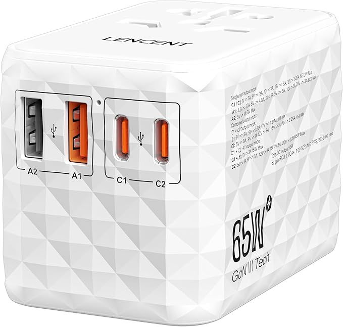 LENCENT 65W Universal Travel Adapter, GaN International Fast Charger 2 USB-A & 2 USB-C Power Plug Converter, Power Outlet Adapter for Phones,Laptops, All in One Travel Essentials for EU/USA/UK/AU