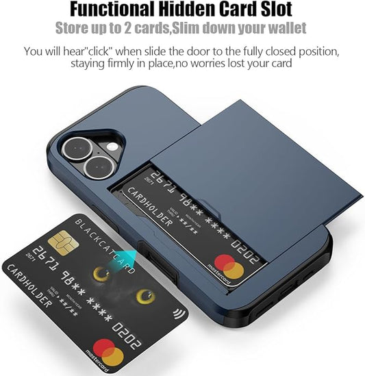 Nvollnoe Compatible with iPhone 16 Case with Card Holder Heavy Duty Protective Dual Layer Shockproof Hidden Card Slot Slim Wallet Phone Cover for iPhone 16 for Women&Men 6.1 inch(Blue)