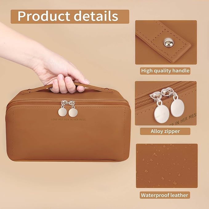Travel Makeup Bag, Large Capacity Cosmetic Organizer Bags for Women, Waterproof PU Leather Toiletry Bags, Wide Open Flat Makeup Case with Divider and Handle