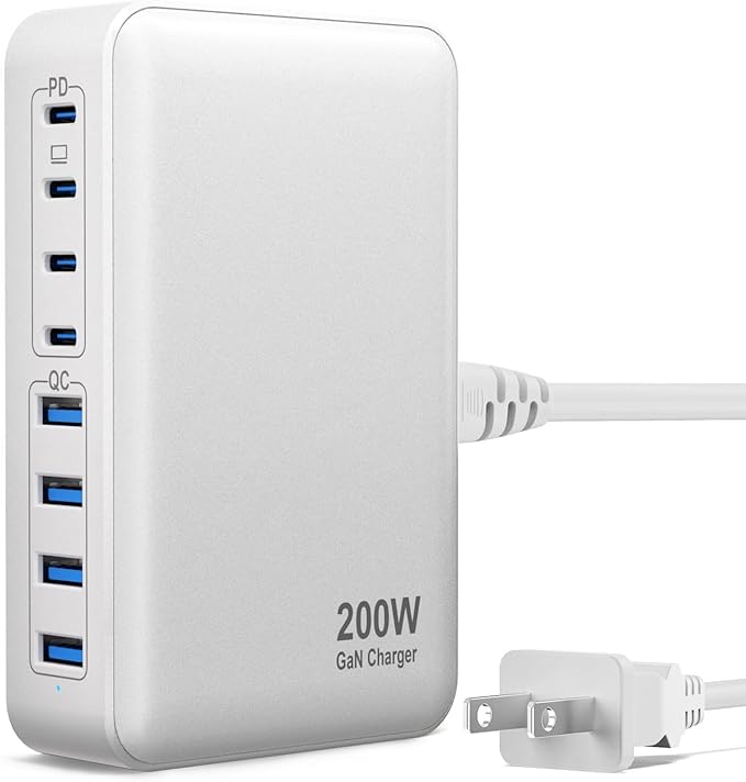 USB C Charger, 200W 8-Port USB C Charging Station Hub, GaN Fast Charger, Compatible with MacBook Pro/Air/Google Pixel/iPhone 15/14/13/Galaxy S24/S23/S22/Smartphones/Laptops/Tablets
