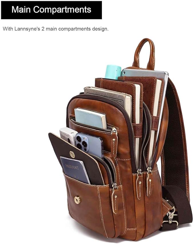 LANNSYNE Full Grain Leather Casual Sling Bag For Men Hiking/Travel/Business Crossbody Chest Bag Fits 12.9" iPad