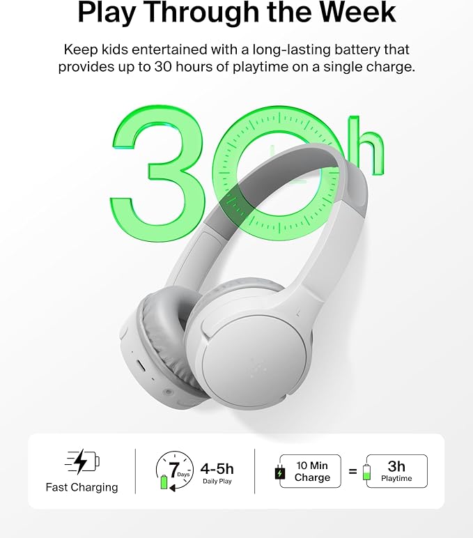 Belkin SoundForm Mini - Wireless Bluetooth Kids Headphones, 30H Battery, 85dB Safe Volume Limit, Built-in Microphone - Toddler On-Ear Earphones for iPhone, iPad, Fire Tablet, Ideal for School - White