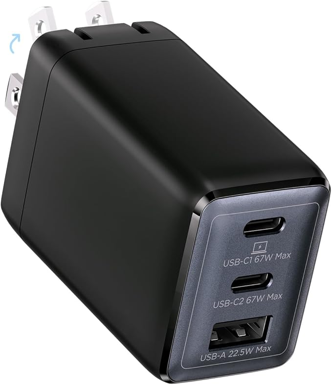 67W USB C Charger, 3-Port GaN Fast Charging Block with Foldable Plug, Compatible with MacBook Pro/Air, iPad Pro, iPhone 16/15/Pro, Galaxy S25/S24, Note20, Pixel, Apple Watch, (Black)